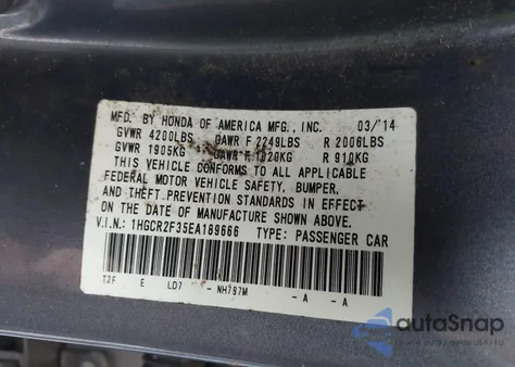 2014 Honda Accord Lx z USA, uszkodzony, nr VIN 1HGCR2F35EA189666